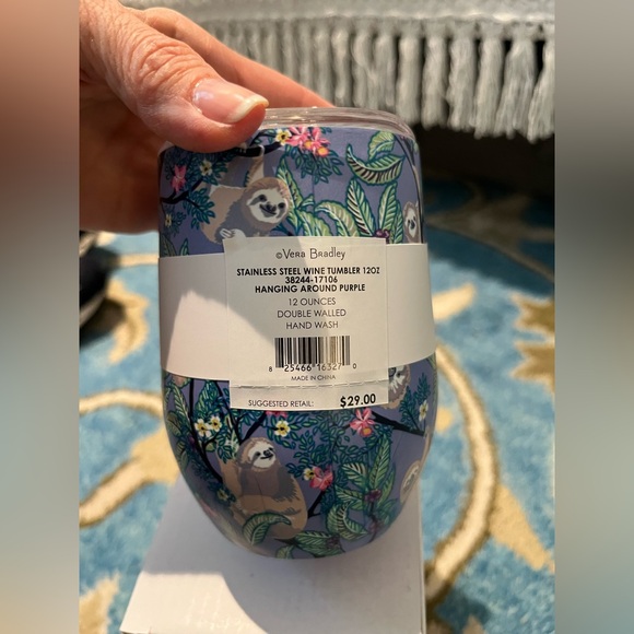 Vera Bradley Stainless Steel Wine Tumbler, Hanging Around Sloth, NIB, Purple - Picture 3 of 8